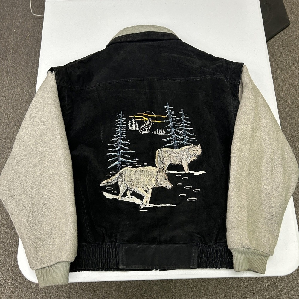 Treeline Outfitters Bomber Jacket Mens L Black Grey Wolf Embroidered Leather